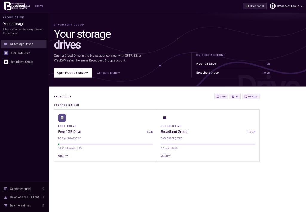 Cloud Drive storage list, with Free 1GB Drive and Broadbent Group, quota, and SFTP, S3 and WebDAV.