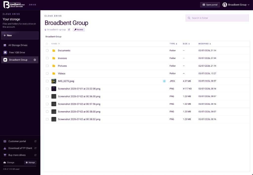 Broadbent Group drive open in Cloud Drive, listing Documents, Invoices, Pictures, Videos and image files.