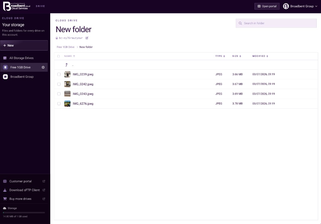 A folder in Cloud Drive listing JPEG files with type, size and modified date.
