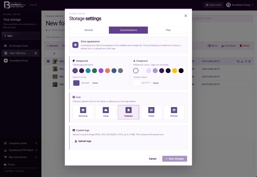 Storage settings Customisations tab, with background and foreground colours, preset icons and upload logo.