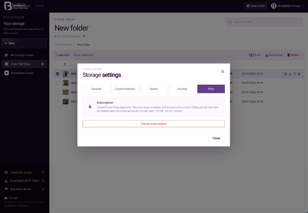 Storage settings Plan tab, with Cancel subscription for a 110 GB drive at £2.20 a month.