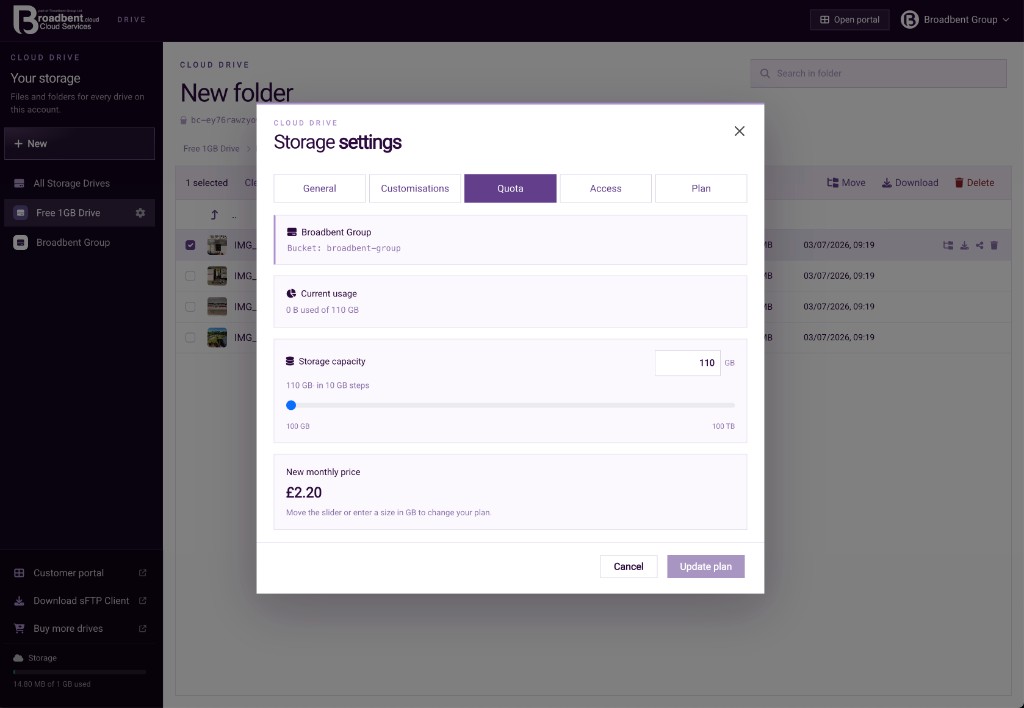 Storage settings Quota tab for Broadbent Group, 110 GB used of the plan, with a slider and a new monthly price.