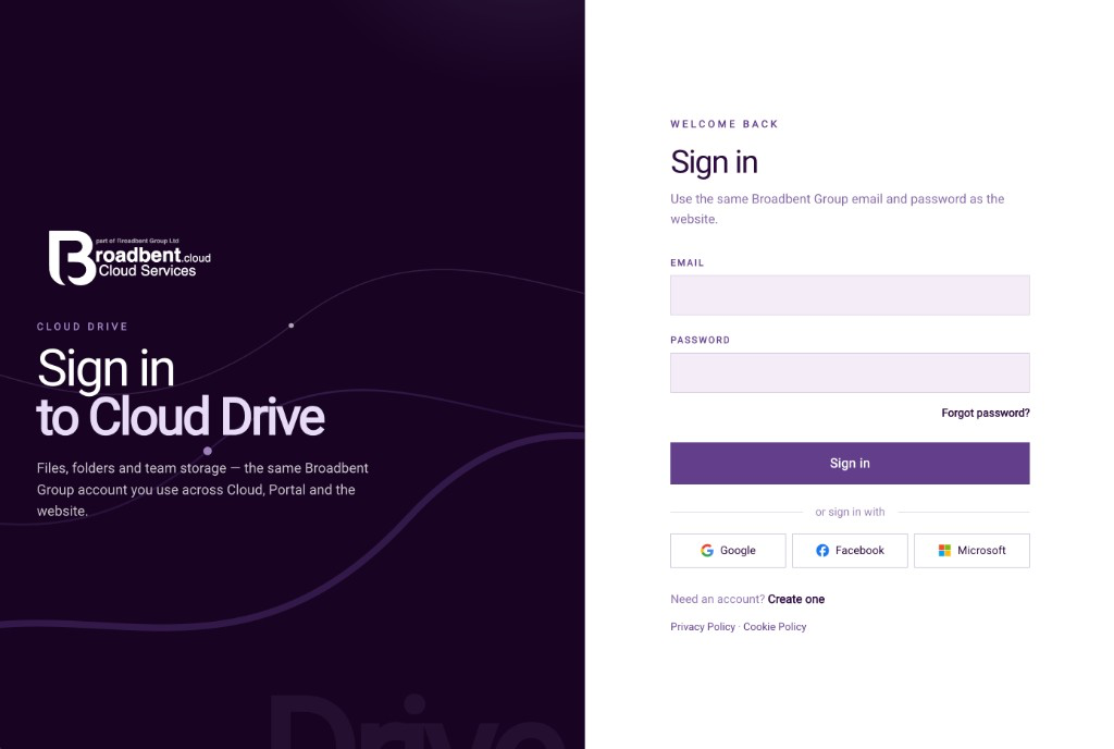 Cloud Drive sign-in, with email and password, forgot password, and Google, Facebook and Microsoft.